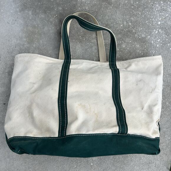 Vintage LL Bean Large Tote Bag Distressed 80s Green White Made In USA - Picture 2 of 6